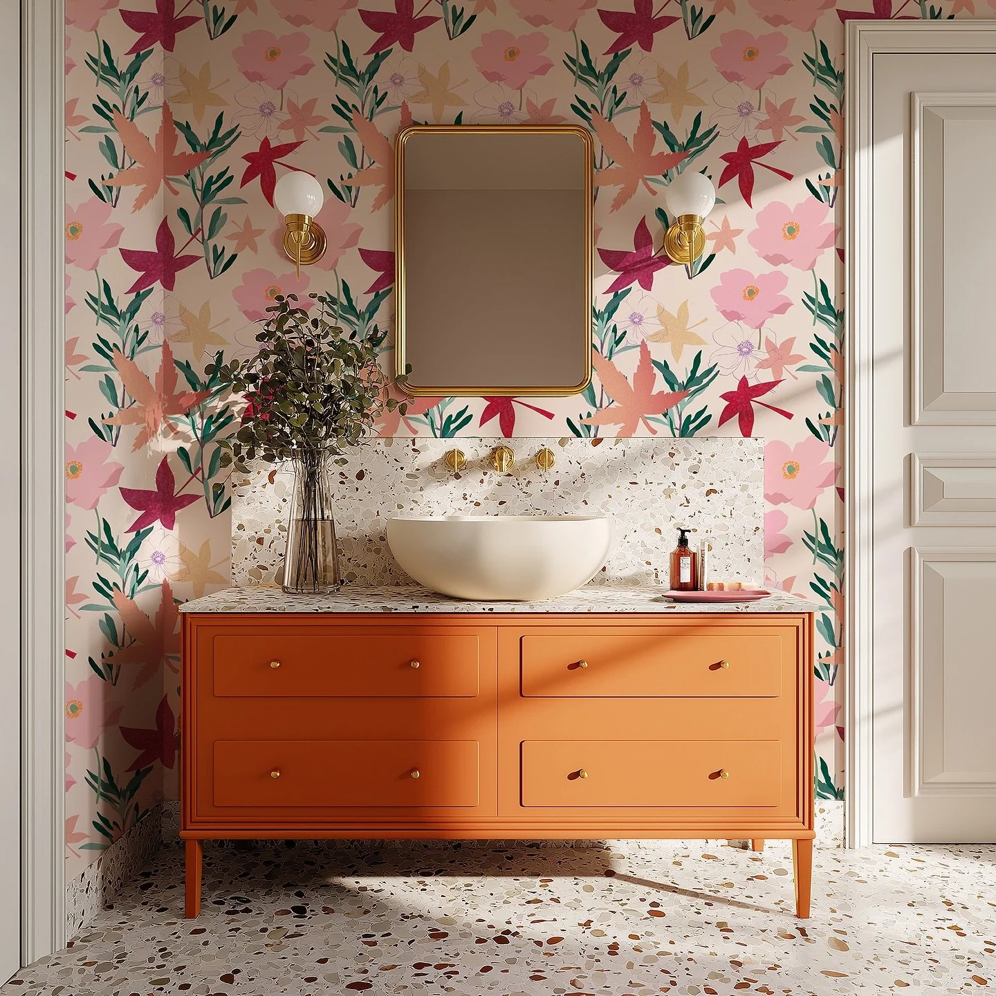 I created a wallpaper pattern with the florals that I was inspired by recently in our garden to create a fun, uplifting wallpaper for this powder room interior. Peaches and red together, with a hot orange vanity 🔸