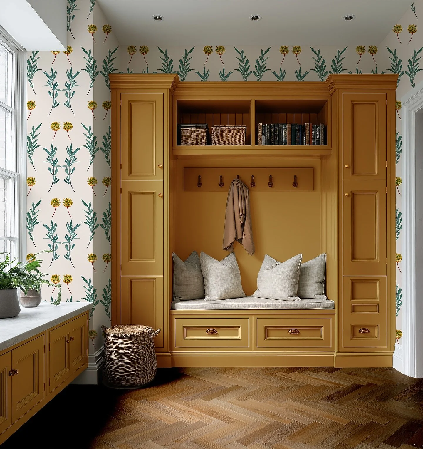 Placing the olive leaves into a pattern for a dramatic boot room. They really are such beautifully shaped individual leaves, and it&rsquo;s not something you realise with flora until you begin to study and draw them. 🫒 
I&rsquo;ve also ordered it in