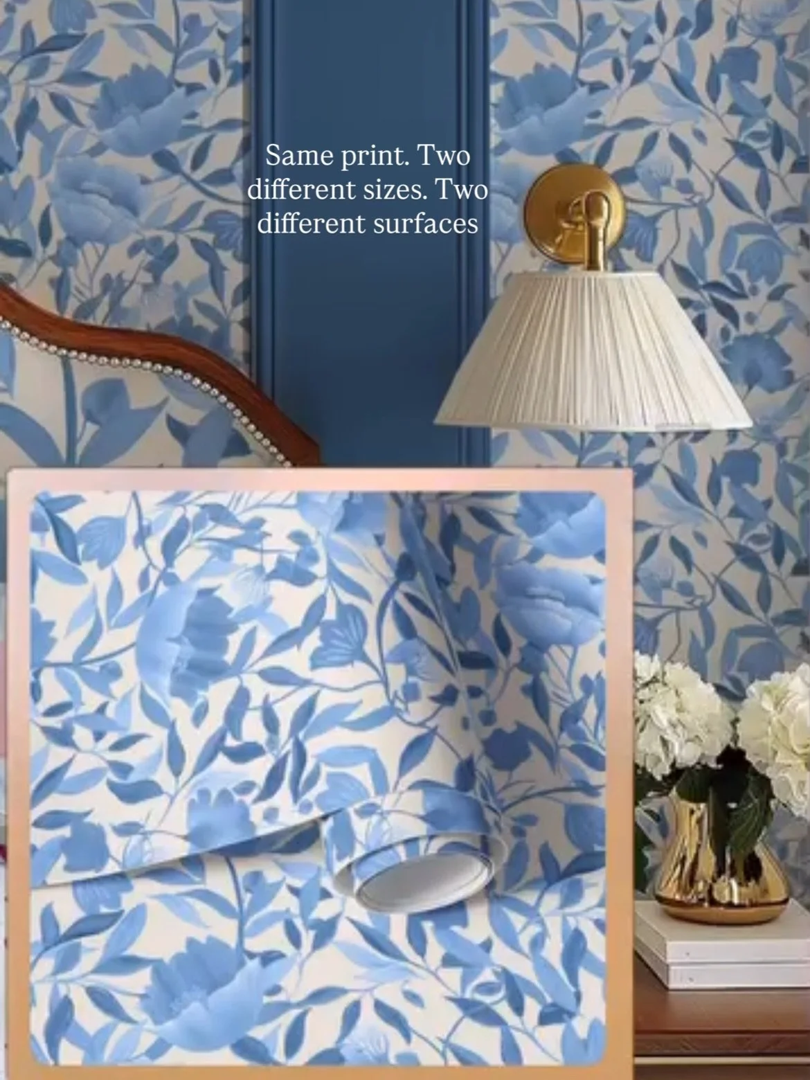 Same print, two different surfaces 💙

Covering the wall and also fabric headboard in &lsquo;Seasons (Cerulean Blue)&rsquo;.
Would you pair them together or break it up with solid colour/different pattern on pattern?

I adore the matching theme perso