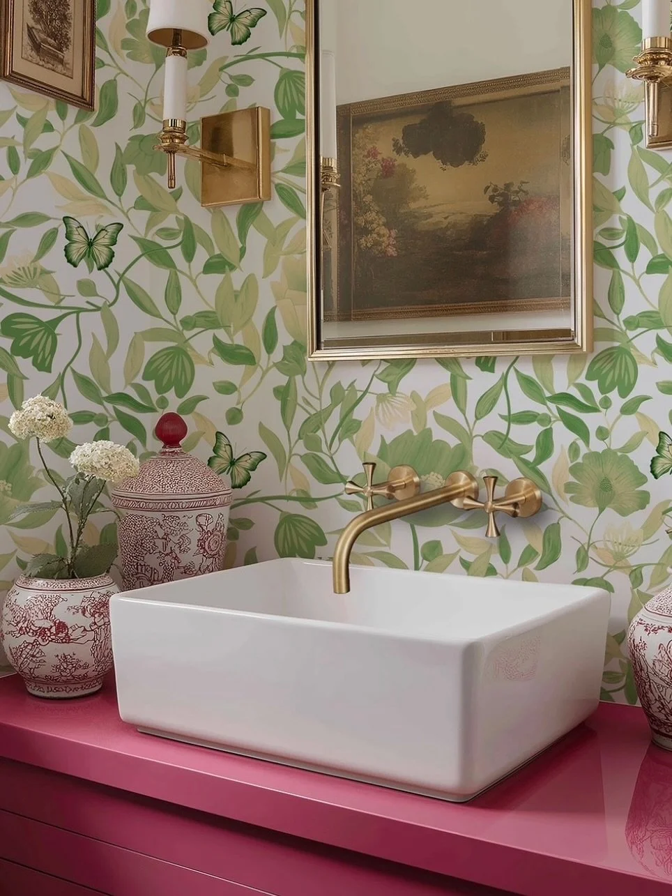 &lsquo;Seasons&rsquo; wallpaper but with butterflies 🦋 Not a new release, just creating for creating sake really - no pressures etc&hellip;!! 

______________

wallpaper | powder room | small bathroom | interior decor | wallpapered | red cabinet | c