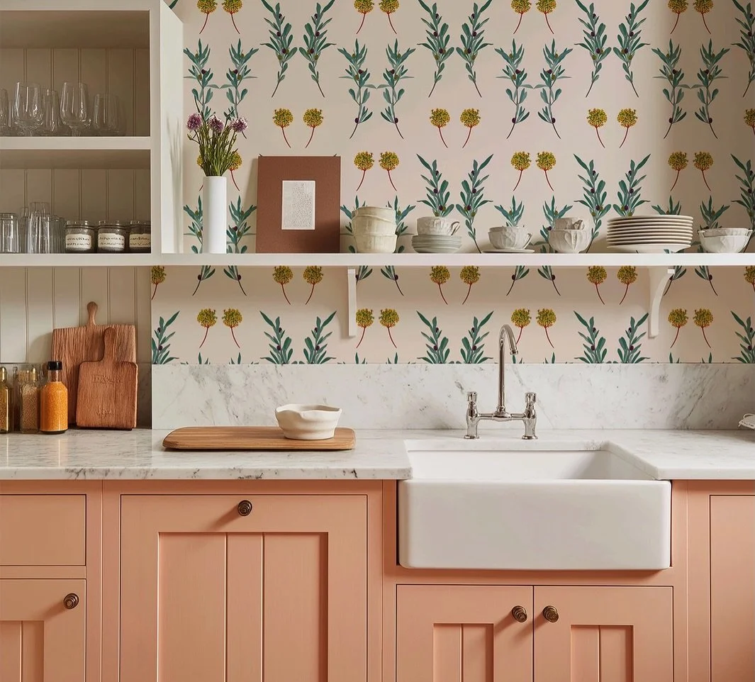 Using the olive leaf pattern here with these warming peachy kitchen cabinets. Such a cosy combination! I already have this in the cotton / linen fabric (lampshade made a few posts back). I&rsquo;m really toying with the wallpaper idea, there are a co