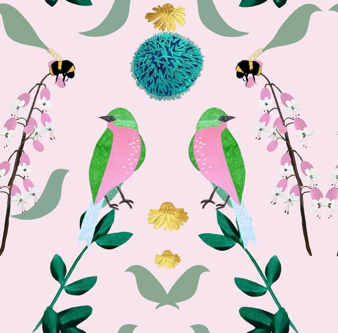 These individual elements formed this design by either being painted, drawn or collaged then being placed together digitally. Here are the close-ups, and the translation onto fabric. 

_______________ 🌸

fabric printing, pattern design, repeat patte