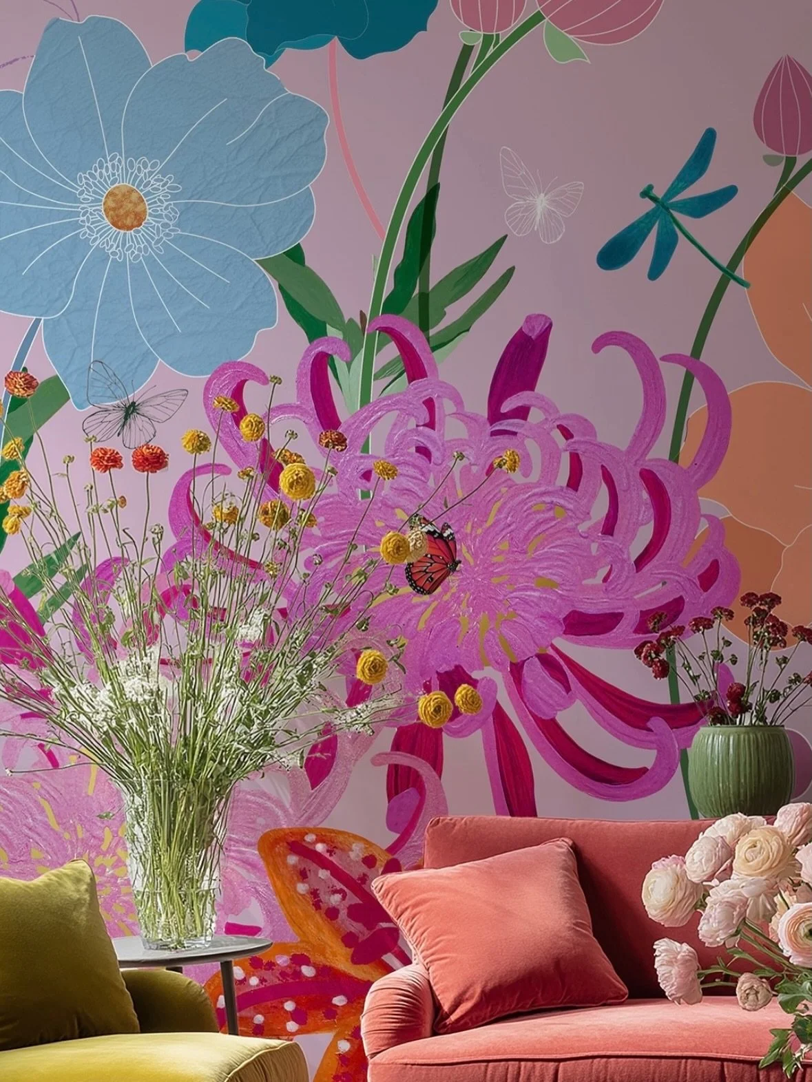 Quite literally a rainbow of flowers 🌸 🌈 

floral mural | bold decor | floral inspired | colourful walls | floral wallpaper | chrysanthemum | anemones | colourful home | bold interiors | flower lovers | bright bold home | large flowers | #flowerwal
