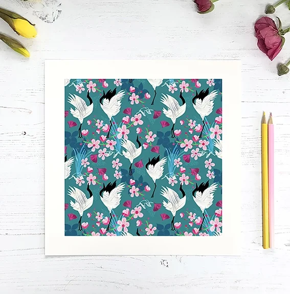 Giclee Fine Art Print - Red Crowned Crane and Blossom