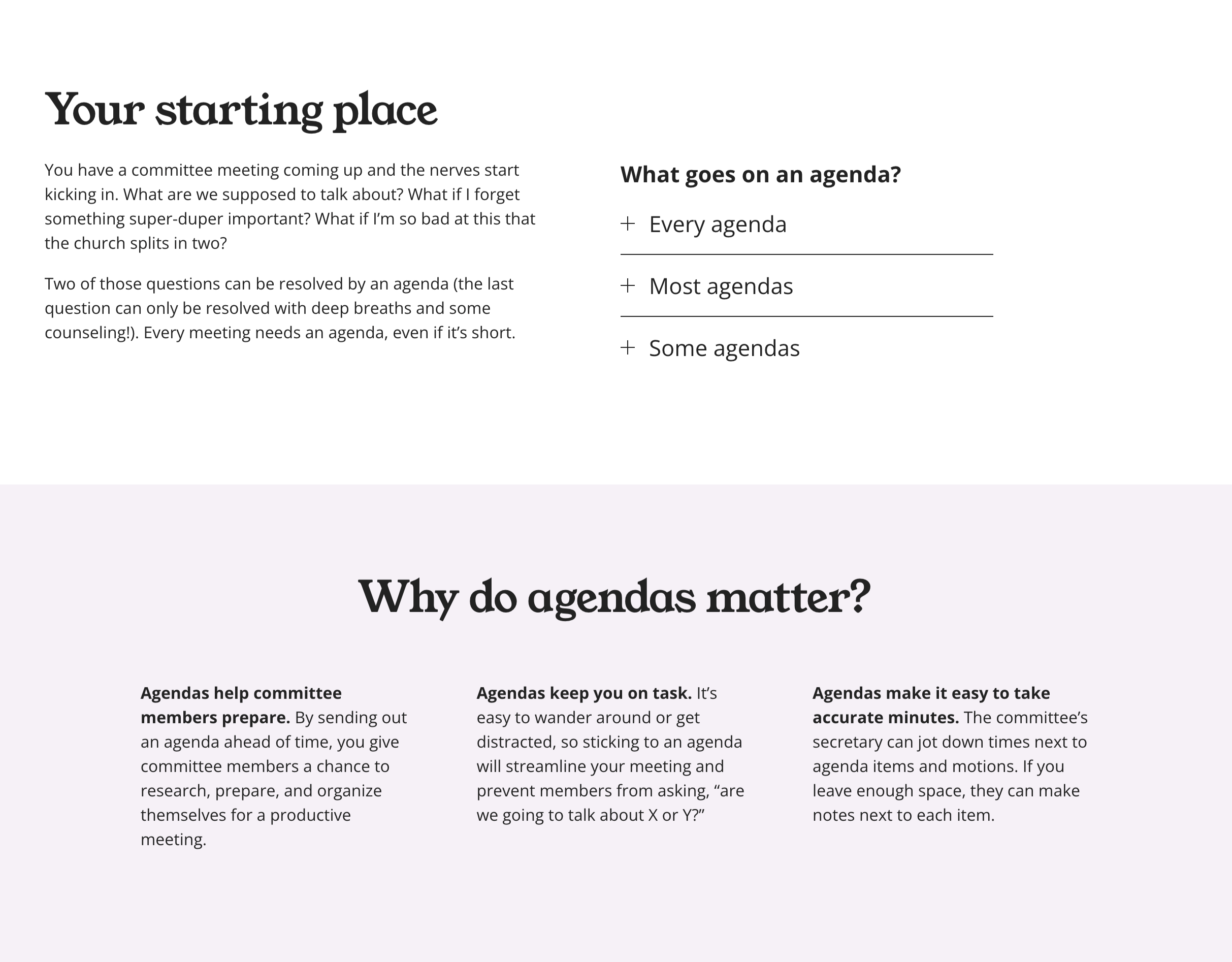 A two-column informational webpage about meeting agendas. The left column discusses the importance of agendas, and the right column outlines what goes on an agenda, including options for every, most, or some agendas. The bottom section explains why agendas matter, emphasizing preparedness, focus, and efficiency.