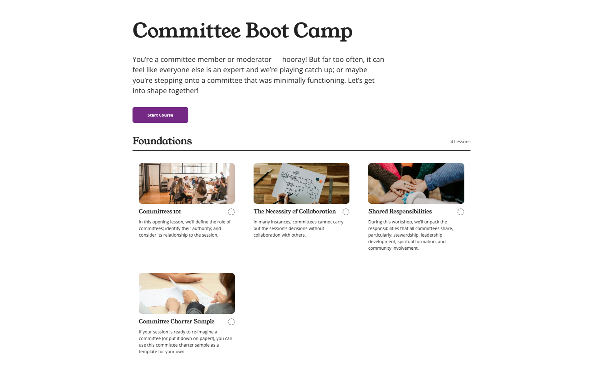 Webpage titled 'Committee Boot Camp' offering a course for committee members with a 'Start Course' button. It features a section called 'Foundations' with four lessons, each with images and descriptions about committees, collaboration, shared responsibilities, and a sample committee charter.