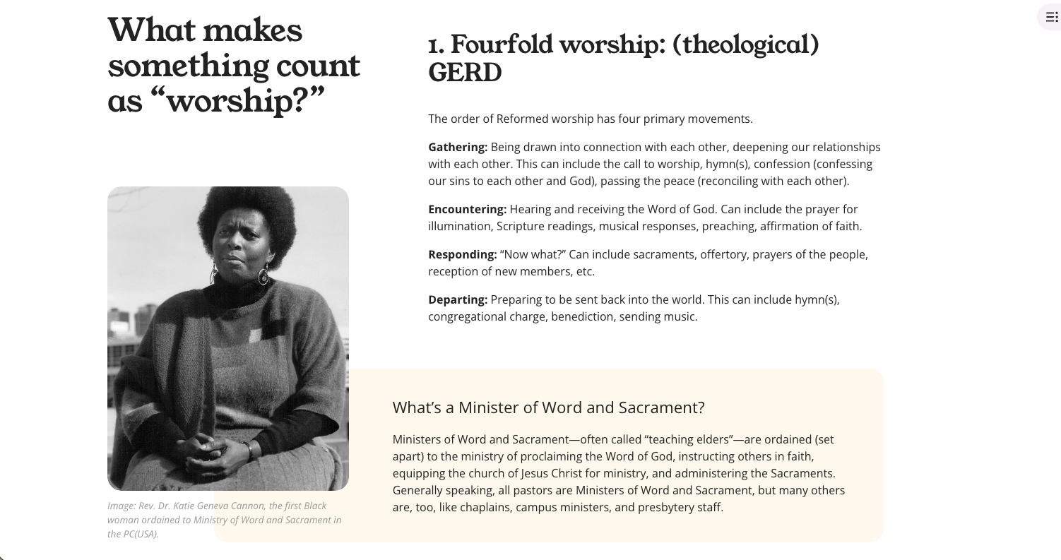 A lesson screenshot featuring a black and white photo of Rev. Dr. Katie Geneva Cannon.