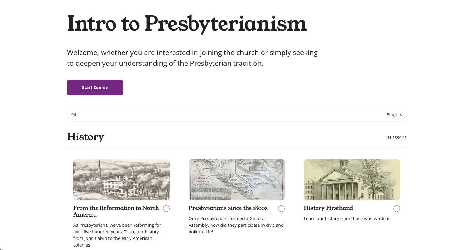 An online course webpage titled 'Intro to Presbyterianism' with a purple 'Start Course' button, progress bar, and three history lessons about Presbyterianism, including images of historical buildings and maps.