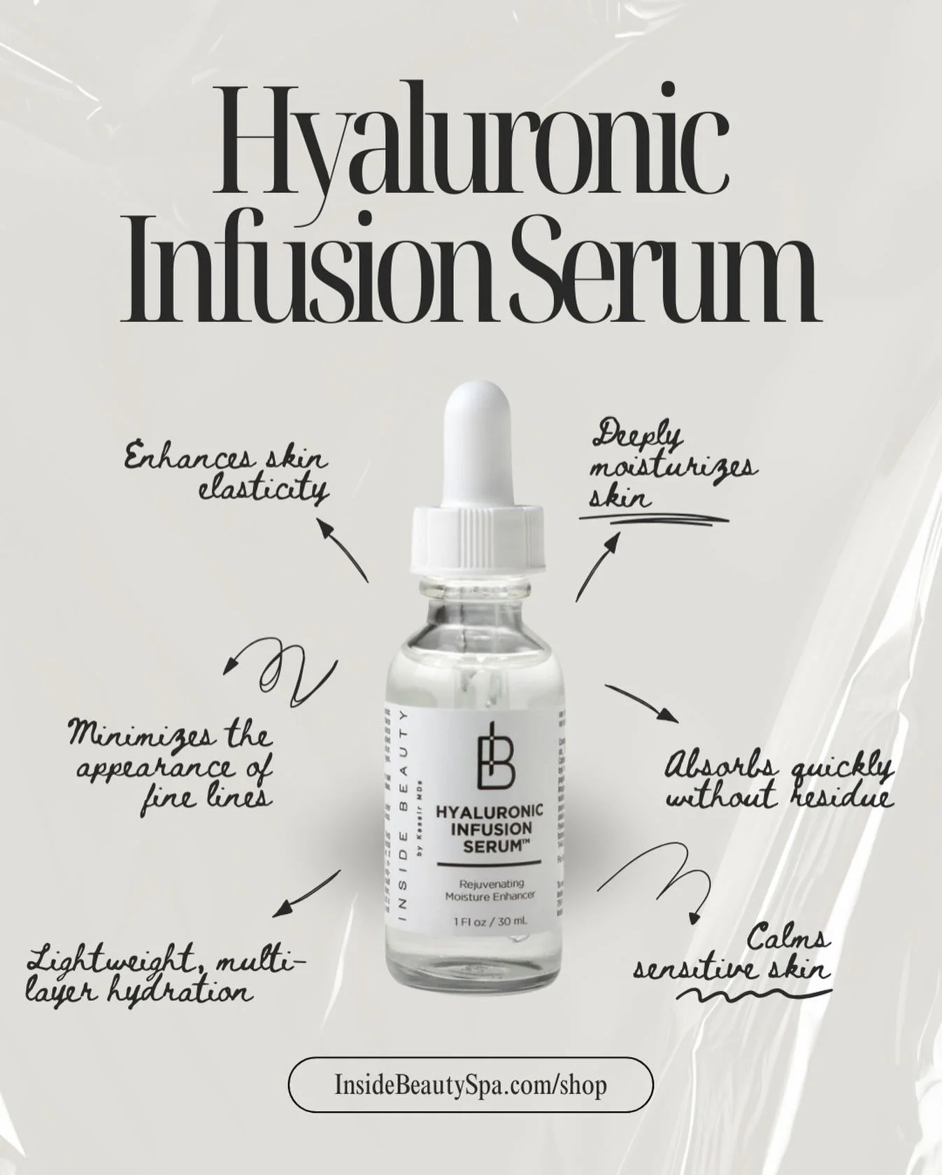 Hydration, perfected. Our Hyaluronic Infusion Serum delivers an instant quench - plumping skin, softening fine lines, and restoring a dewy, healthy glow. Powered by Hyaluronic Acid, Niacinamide, Green Tea Extract, and Vitamin B5, this lightweight gel