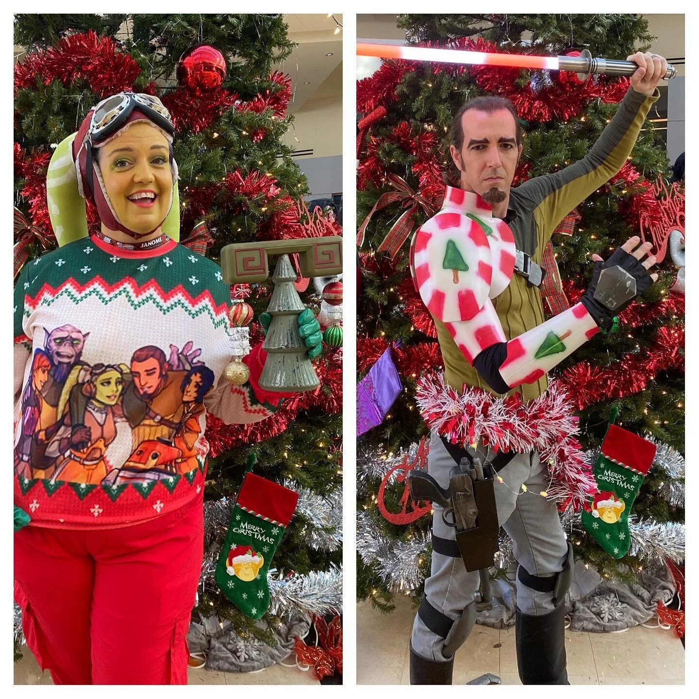 Happy holidays from Candy Kanan and Holiday Sweater Hera (with bonus holiday kalikori and candy cane led saber). sweater image used with permission by the fantastic @lorna_ka  #nosleeptillcosplay #starwarsrebels #kananjarrus #herasyndulla @vanessamar
