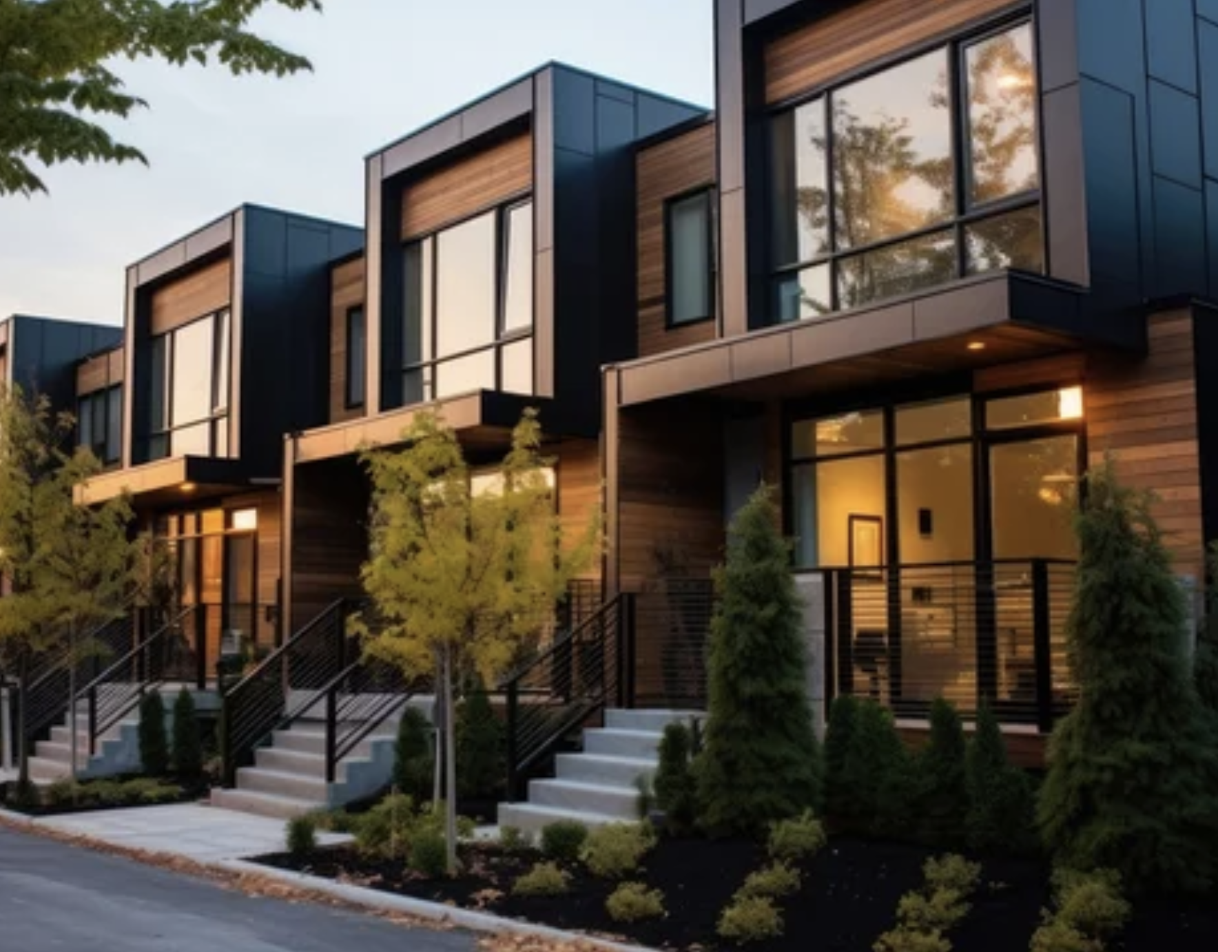 Modern townhouses with large windows, wooden accents, and landscaped entryways.