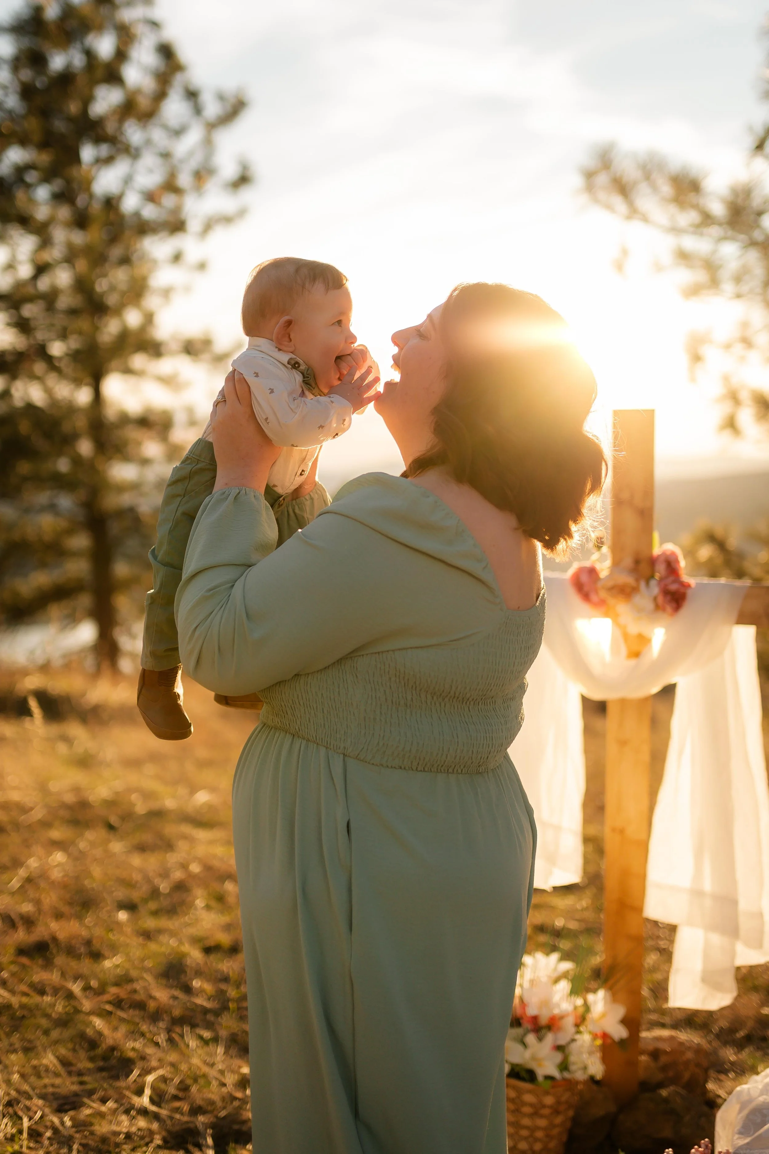 Golden hour Easter session with a mom and her young son