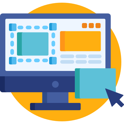 Illustration of a computer monitor with a cursor clicking on a square icon on the screen, set against a yellow circular background.
