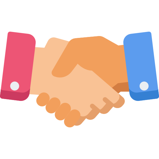 Illustration of two hands shaking, one wearing a red sleeve and the other a blue sleeve.