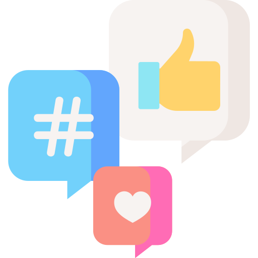 Three speech bubbles with social media icons: a blue hashtag, a yellow thumbs up, and a pink heart.
