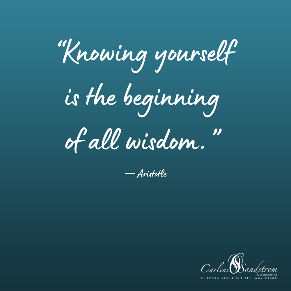 Inspirational quote by Aristotle about self-knowledge on a teal background, with a logo and tagline at the bottom for Carlene Sandstrom & Associates.