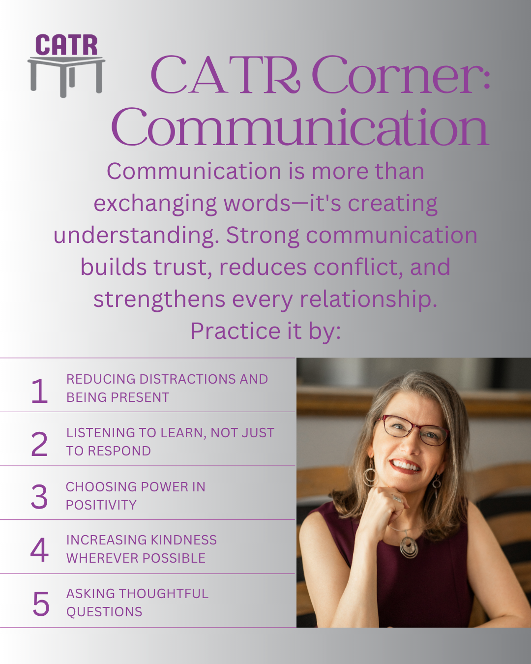 A poster about communication tips with a photo of a smiling woman wearing glasses, with a gray background and purple text titled "CATR Corner: Communication."