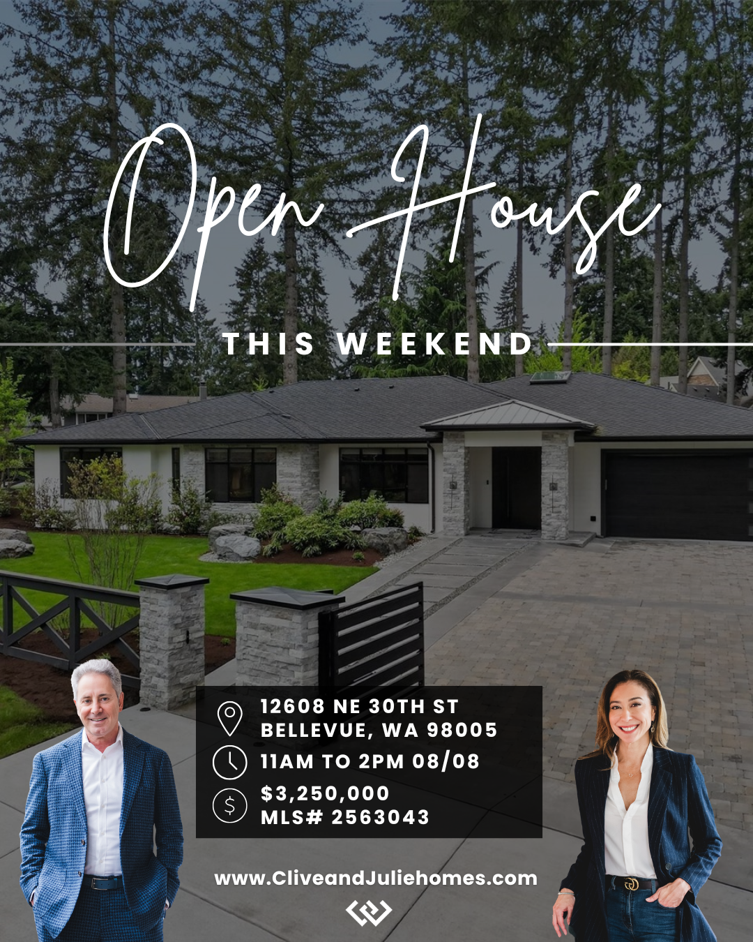 Real estate open house event flyer with a modern house and two real estate agents, showing location, date, time, price, and website.