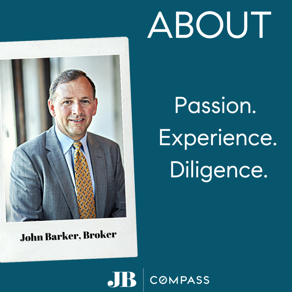 Business profile for John Barker, Broker at JB Compass, featuring his professional portrait and describing his passion, experience, and diligence.