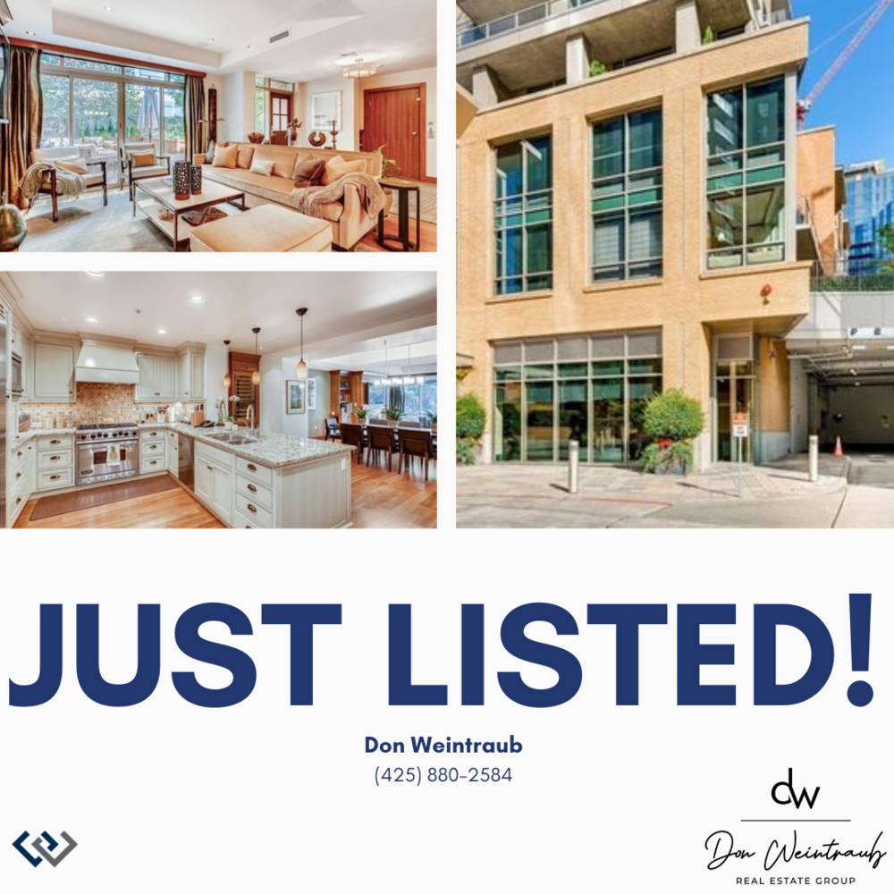 A real estate listing advertisement showing images of a living room, a kitchen, and an exterior of a modern apartment building. The advertisement states just listed by Don Weintraub with contact information.