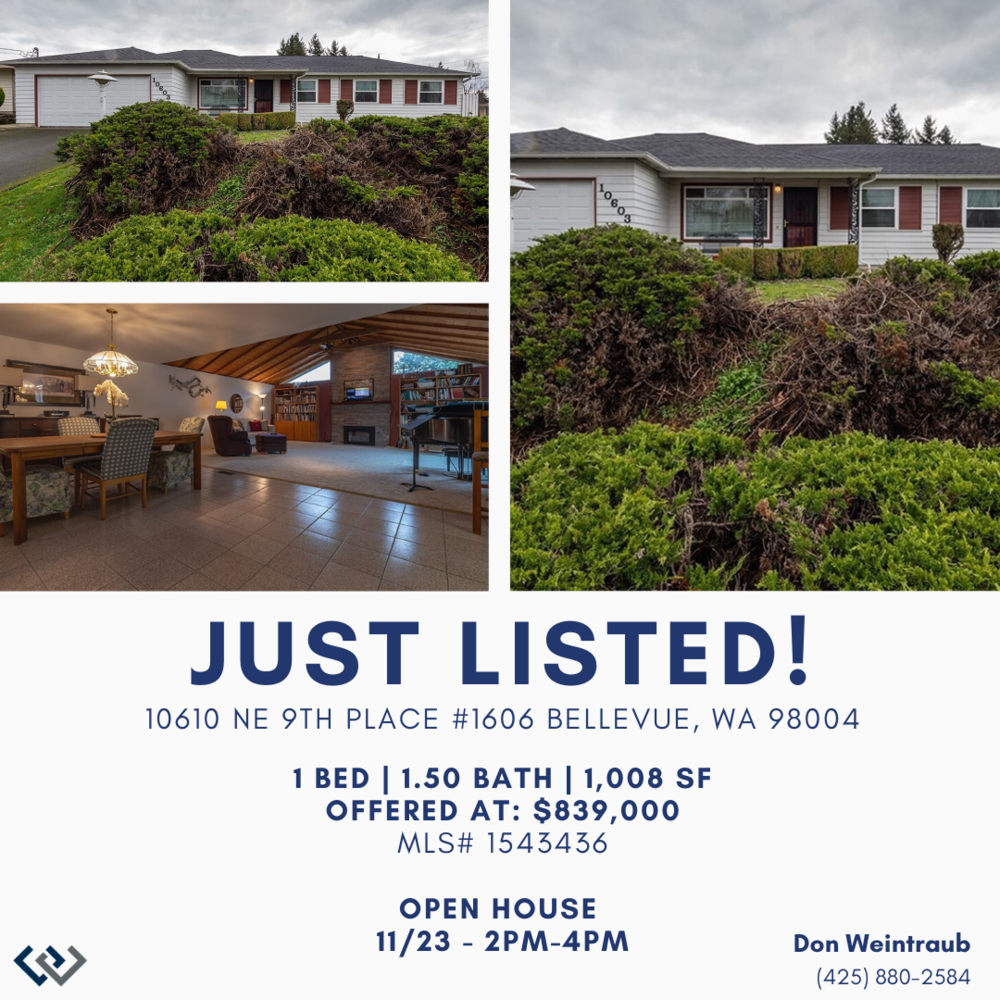 Flyer featuring a house listing with exterior photos of the house and interior photo of a living room, conveying a home for sale at 1060 NE 9th Place, Bellevue, Washington. The flyer states the house has 1 bedroom, 1.5 baths, 1,008 square feet, price