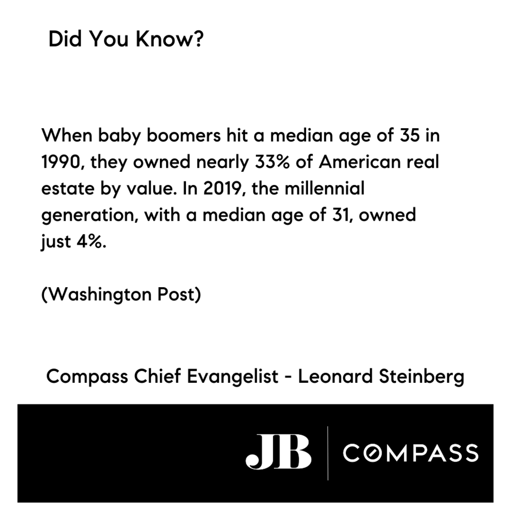 Text-based image with a quote from Washington Post about generational wealth, followed by the name Leonard Steinberg and the JB Compass logo in black and white.