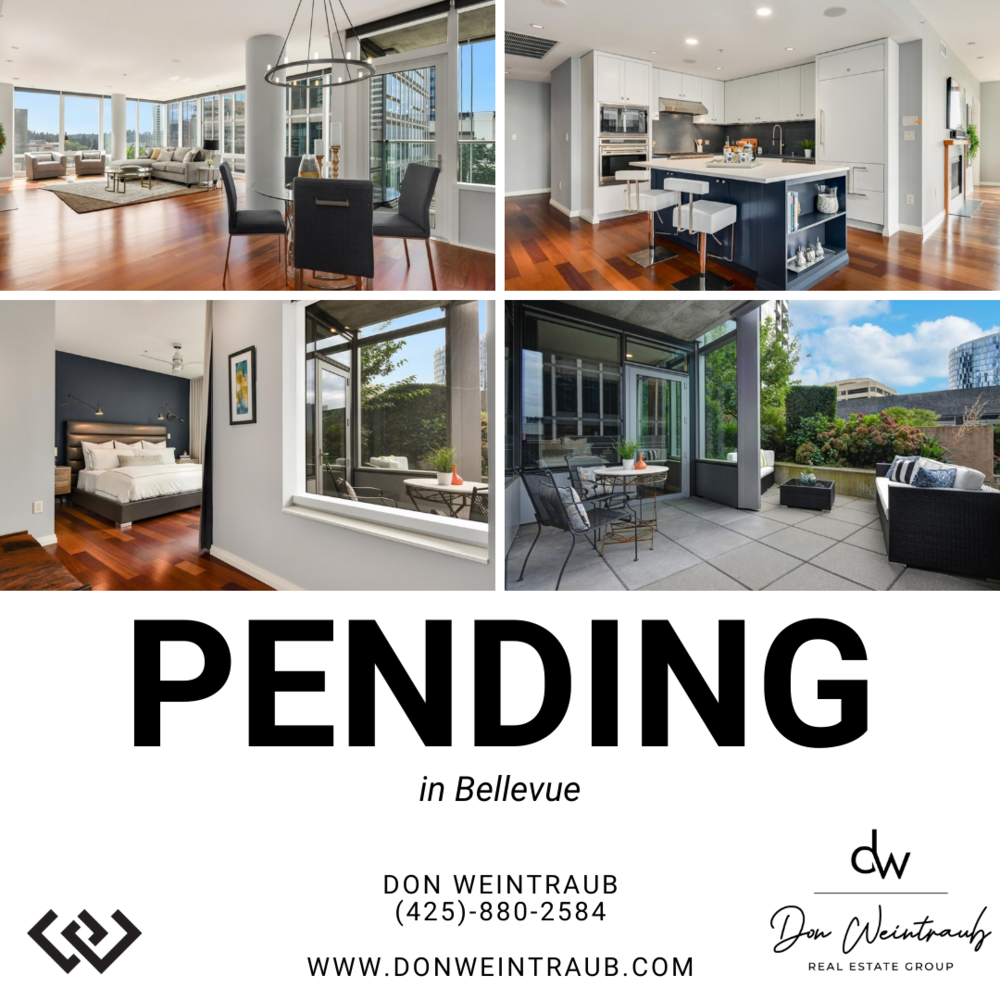 Four photos of a modern apartment: a bright living room with large windows and a dining area, a kitchen with white cabinets and an island, a bedroom with a large bed and window seating, and a balcony with outdoor furniture and city views.