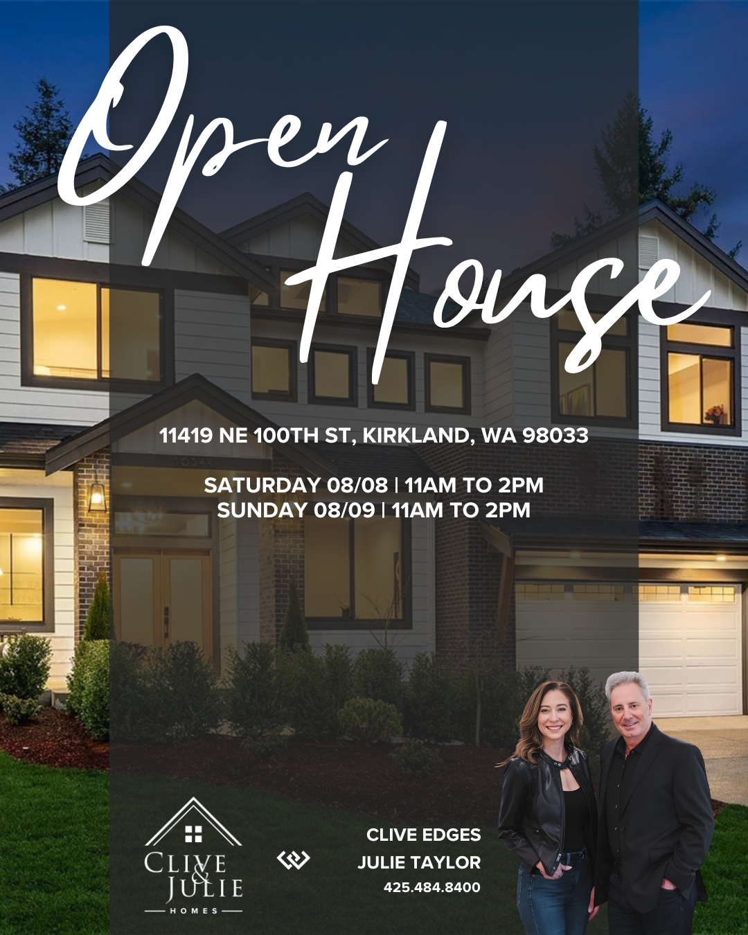Real estate open house flyer with background of a modern house at night, featuring lit windows and a landscaped yard. Foreground includes a photo of a man and woman, likely real estate agents, smiling. Text details the address, dates, times, and cont