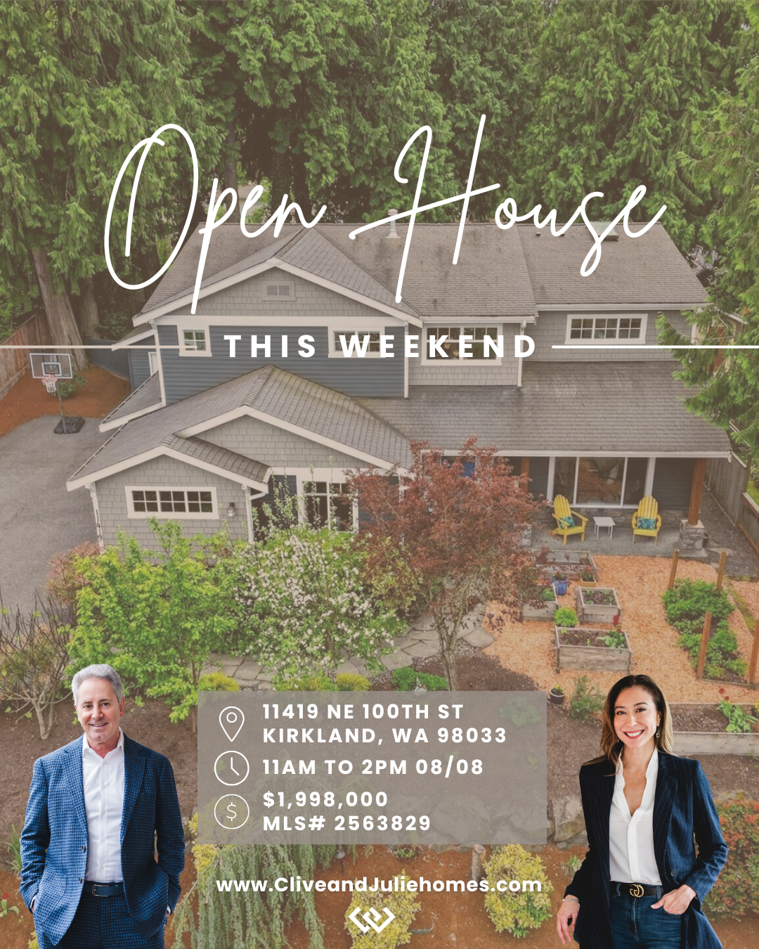 Aerial view of a two-story house with a front yard, trees, and a nearby basketball hoop. The image features two real estate agents, a man in a blue suit on the left and a woman in a black blazer on the right, promoting an open house event.