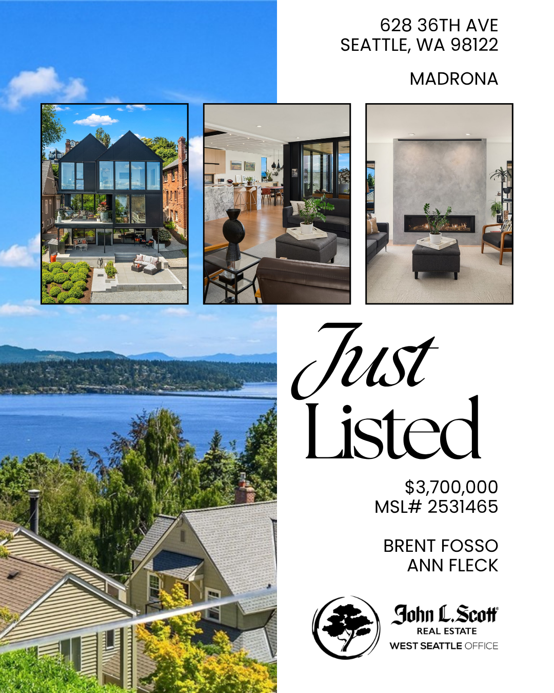 Flyer featuring images of a modern house exterior, a contemporary living room interior, and a cozy fireplace area, advertising a property for sale in Seattle, Washington for $3,700,000.