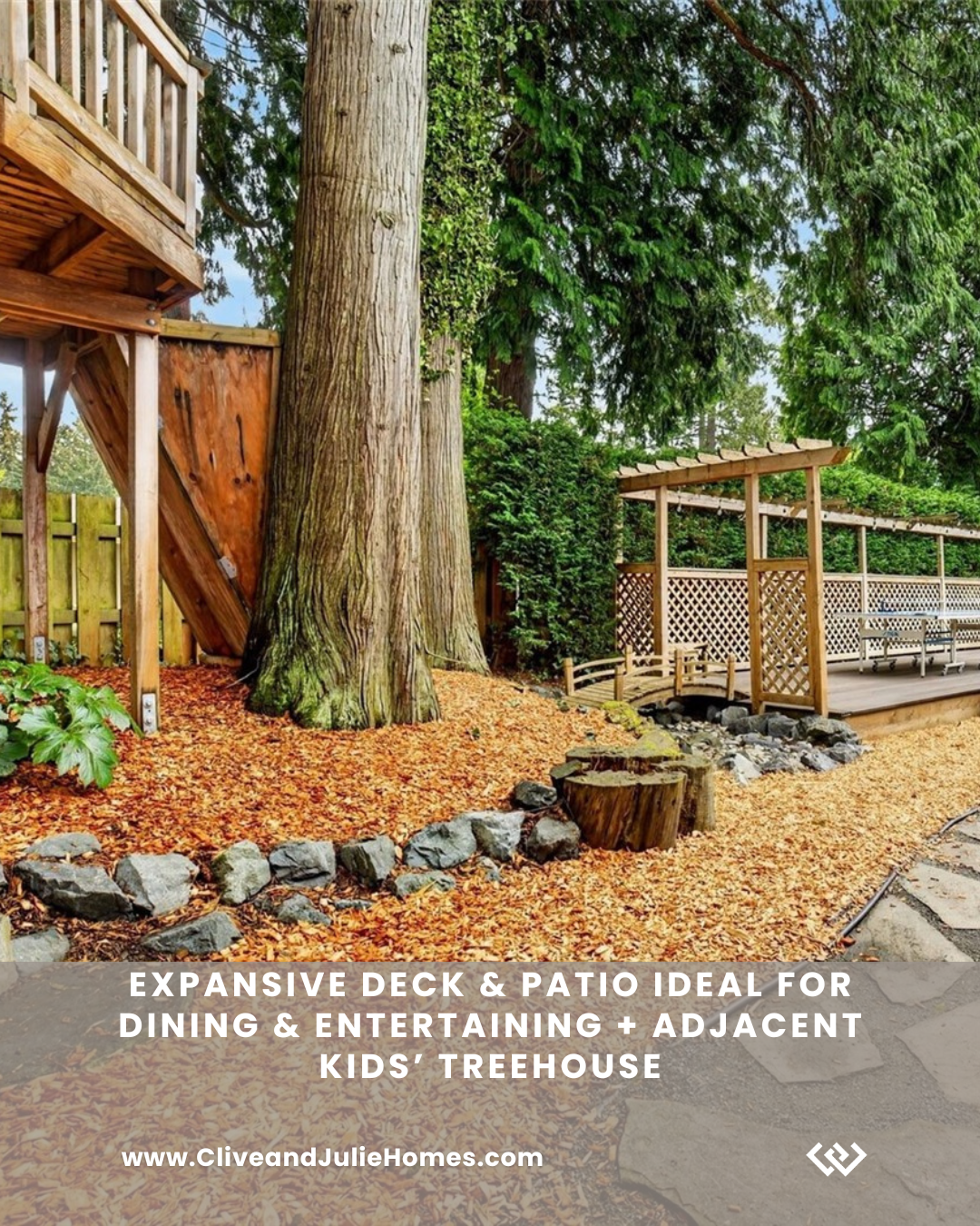 A backyard with an expansive wood deck and patio, surrounded by trees and greenery, featuring wooden trellises, small bridges, and stone accents.