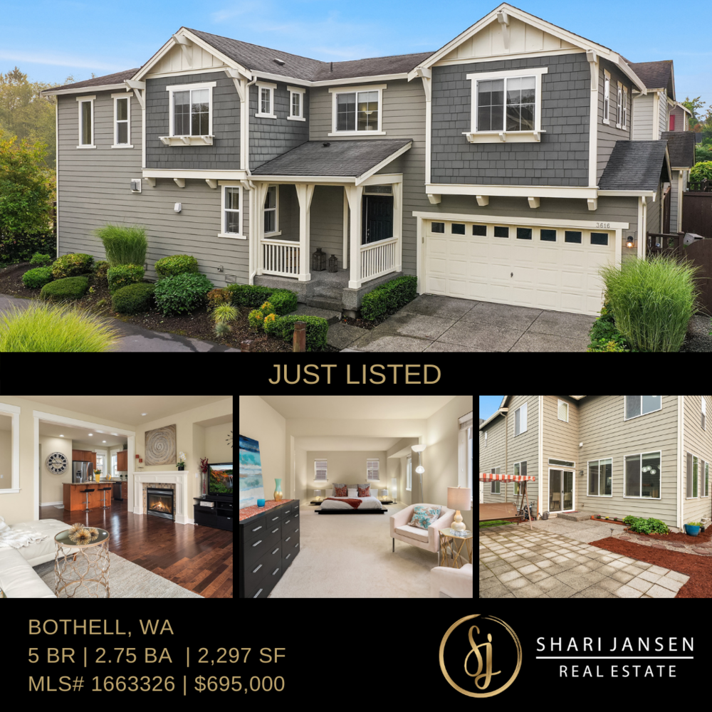 A two-story gray house with white trim and a front porch, surrounded by landscaped yard and paved driveway. The bottom features interior photos of living room, bedroom, and backyard patio, with listing details including location in Bothell, WA, 5 bed