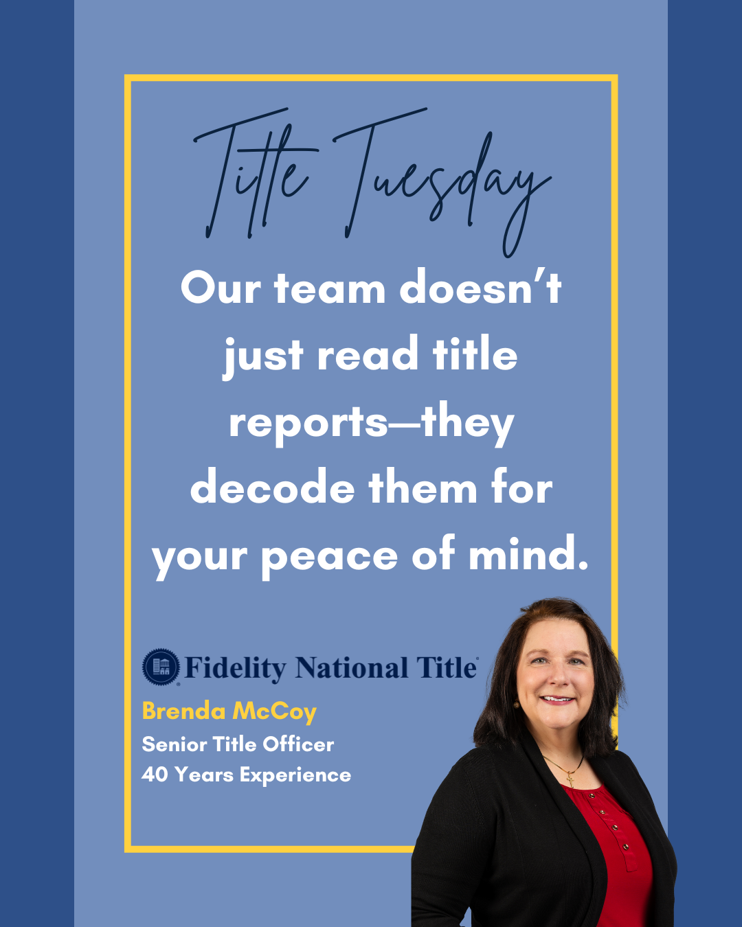 🔍 #TitleTuesday
Our team doesn’t just read title reports—they decode them for your peace of mind. With decades of experience on your side, you can count on Fidelity for smooth closings and reliable support every step of the way. 🏡💼

🌟 Call us tod