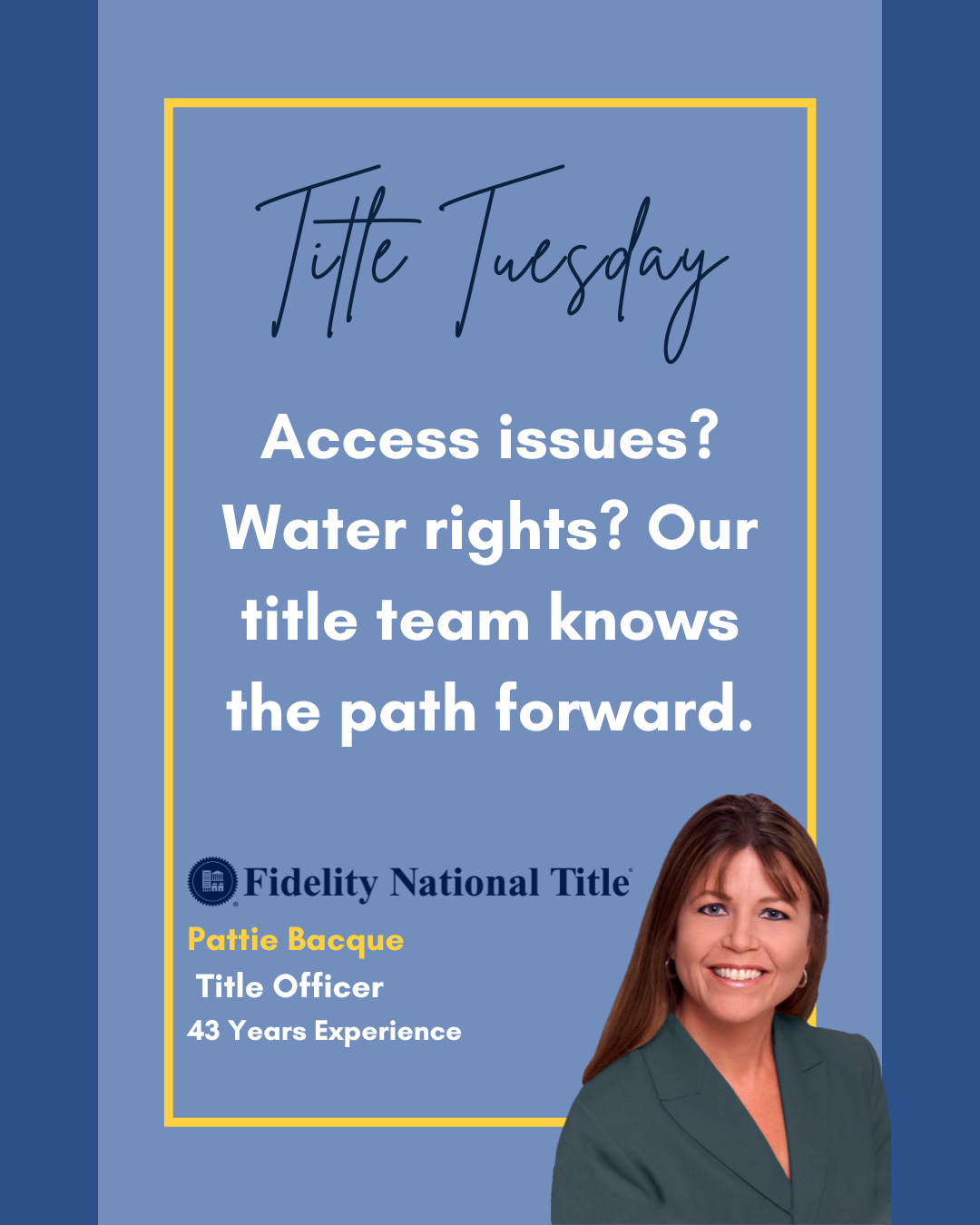 🔍 #TitleTuesday
Access issues? Water rights? Our title team knows the path forward. With decades of experience on your side, you can count on Fidelity for smooth closings and reliable support every step of the way. 🏡💼

🌟 Call us today to learn ho