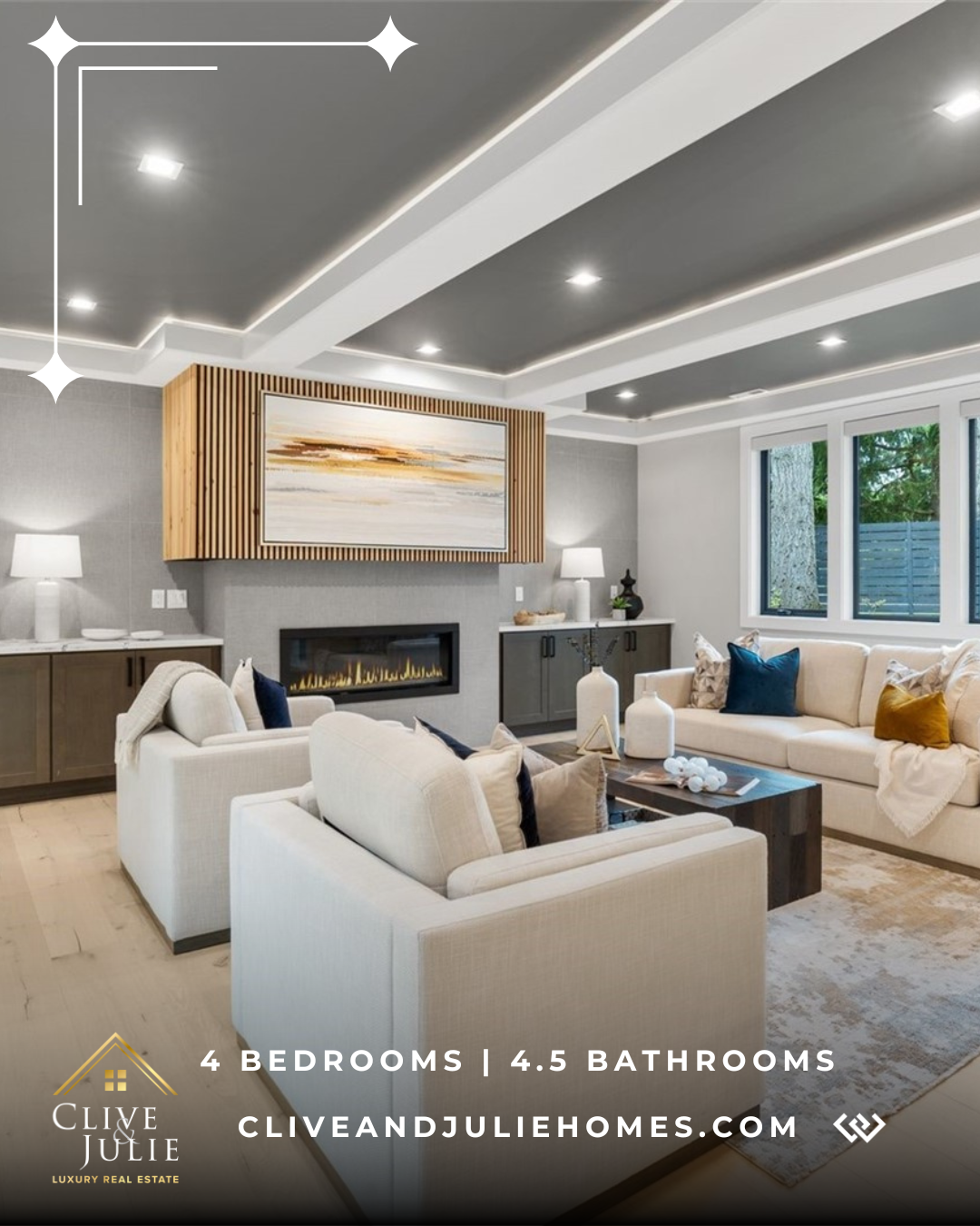 Living room with cream sofas, modern fireplace, large window, and contemporary decor.