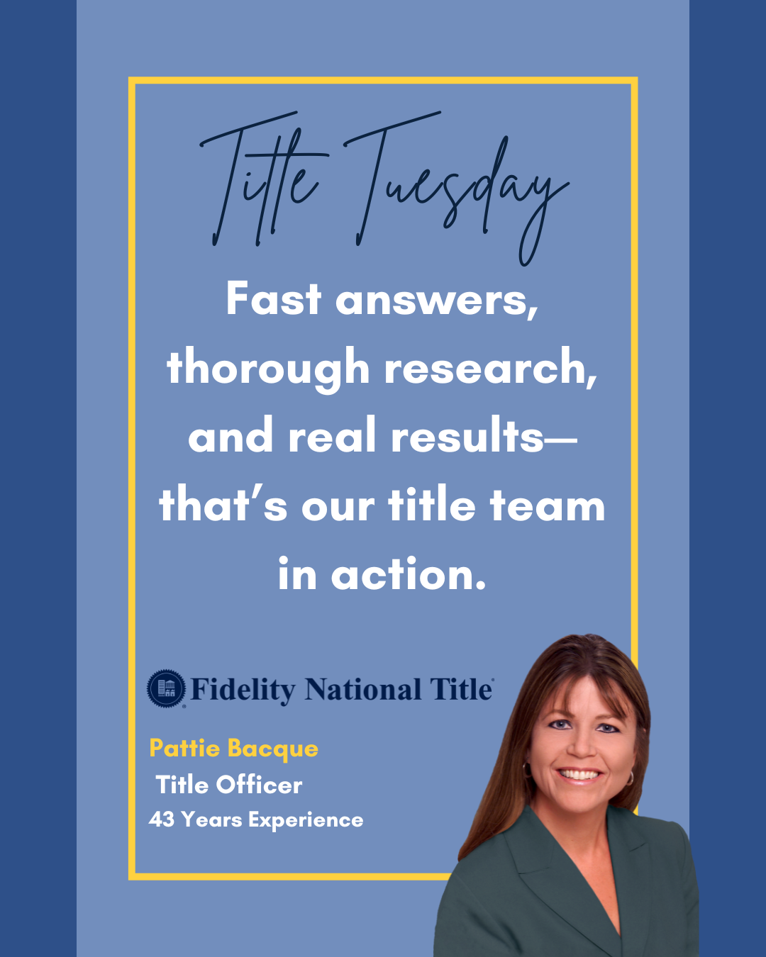 🔍 #TitleTuesday
Fast answers, thorough research, and real results--that's our title team in action. With decades of experience on your side, you can count on Fidelity for smooth closings and reliable support every step of the way. 🏡💼

🌟 Call us t