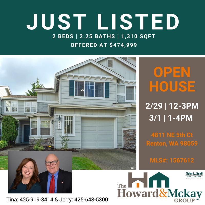 Real estate flyer announcing a just listed property, featuring a photo of a two-story house, open house dates and times, location, and contact information for agents Tina and Jerry, with photos of the agents in the bottom left corner.