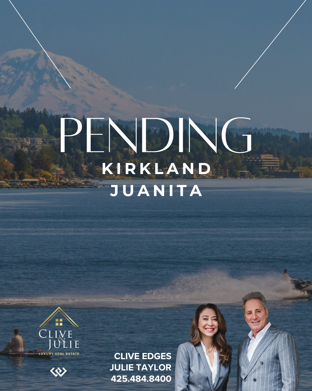 A scenic view of a lake with a boat speeding through the water, trees along the shoreline, and mountains with snow on top in the background. There are two people sitting on a boat in the foreground. Overlaid text indicates a pending property in Kirkl