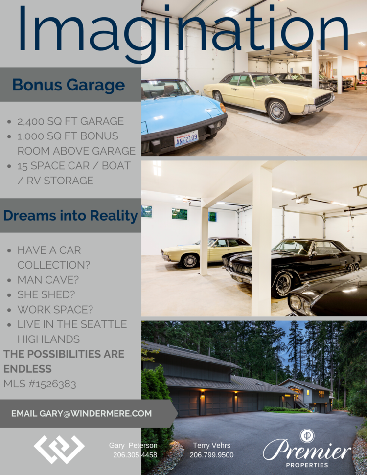 An advertisement for a property listing showcasing a garage with vintage cars and a modern house, promoting a property with a bonus garage, large car storage, and potential for a car collection or use as a man cave.
