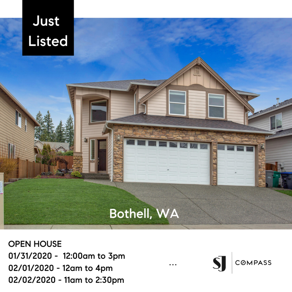 A house with a brick and siding exterior, a front lawn, and a driveway, with an open house announcement overlay, located in Bothell, Washington.