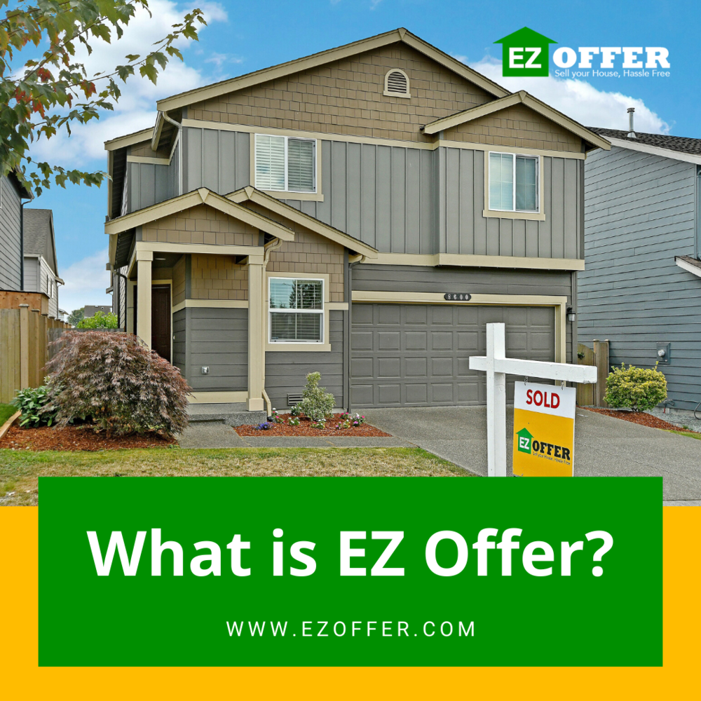 A modern two-story house with gray and beige siding, a front lawn with landscaping, and a "SOLD" sign in the yard. The house is part of an advertisement for EZ Offer, a real estate company.