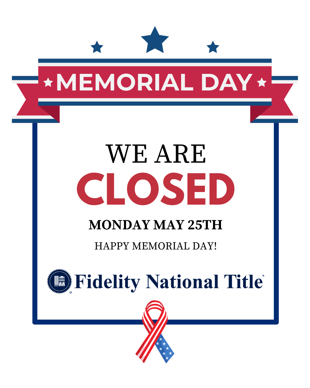 In observance of Memorial Day, our offices are closed today Monday, May 25th. All courthouses will also be closed.
Regular business hours will resume on Tuesday, May 26th.
.
.
.
#MemorialDay #Closure #HonorAndRemember #FidelityWA #NeverForgotten