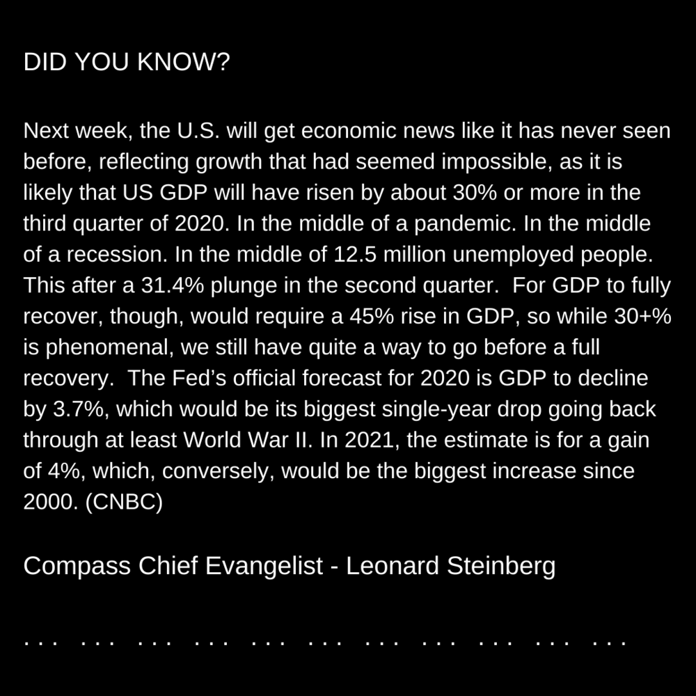 Text explaining the U.S. economic outlook for 2020 and 2021, mentioning a 30% GDP rise, a 31.4% second quarter decline, high unemployment, and projections for future recovery, attributed to Leonard Steinberg.