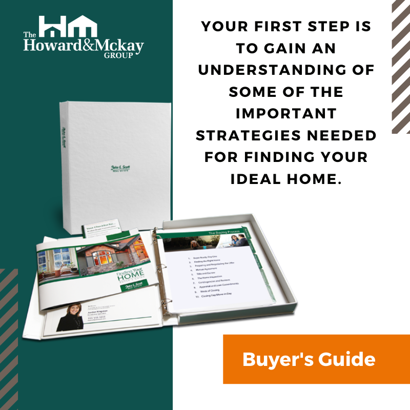 A promotional brochure and materials from Howard & McKay Group, featuring a white binder with a booklet titled 'Finding Your Home,' and a list titled 'The Buying Process.' The image promotes a buyer's guide for homebuyers with text emphasizing unders