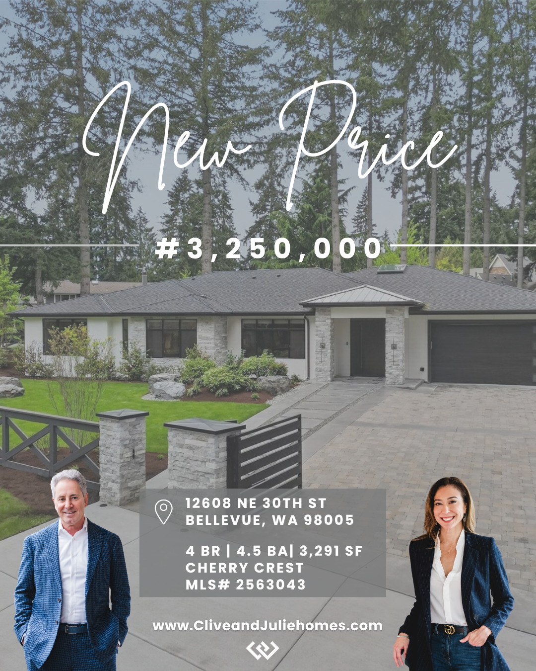 Real estate advertisement for a house at 12608 NE 30th St, Bellevue, WA 98005, featuring a modern house with a gray roof, stone accents, and a landscaped front yard, along with pictures of a male agent in a blue suit and a female agent in a black bla