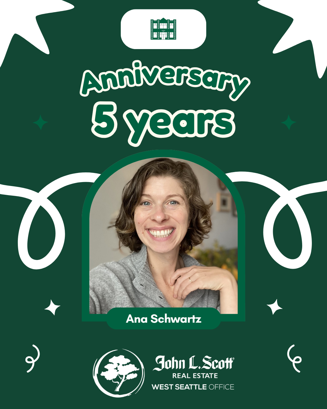Celebrating the 5th anniversary with a greeting card featuring a smiling woman named Ana Schwartz, and the John L. Scott Real Estate logo from the West Seattle office.