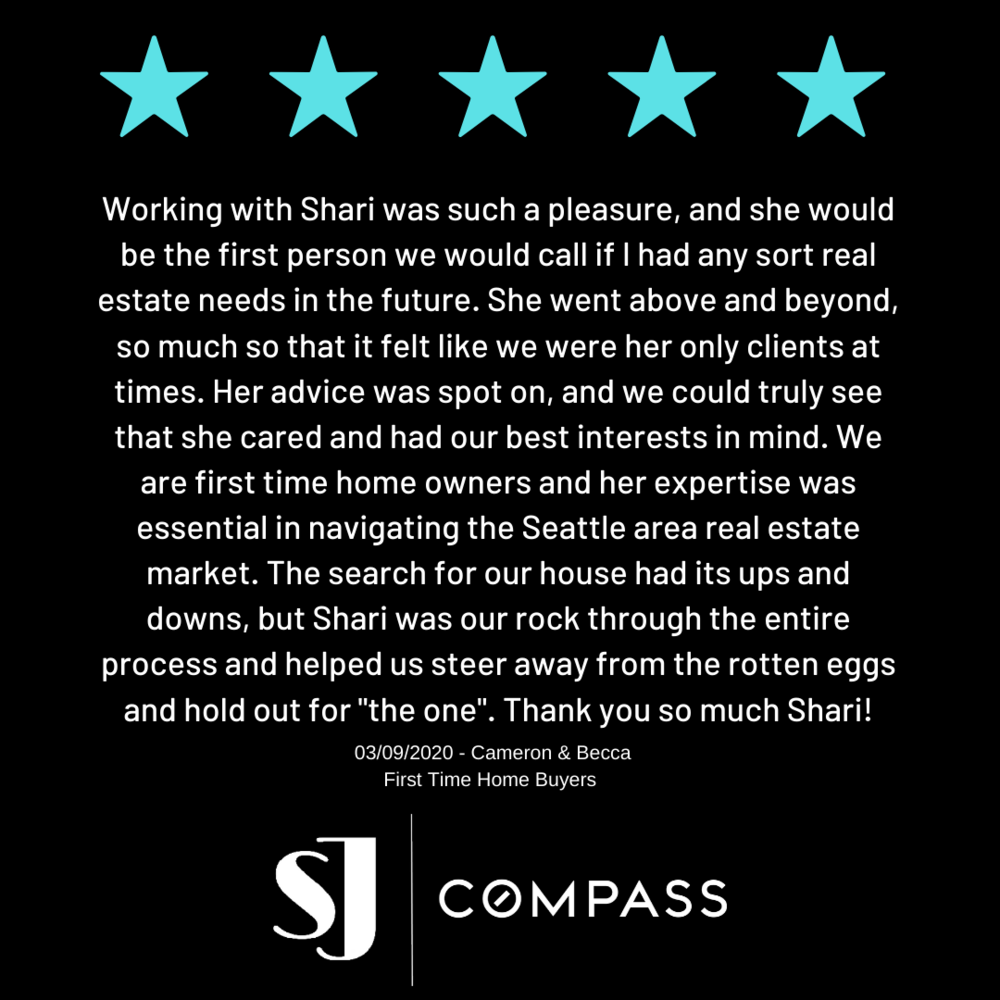 Five light blue stars at the top, followed by a black background with white text expressing appreciation for Shari, a real estate agent, and her help in navigating the Seattle area real estate market. The text mentions a couple, Cameron and Becca, as