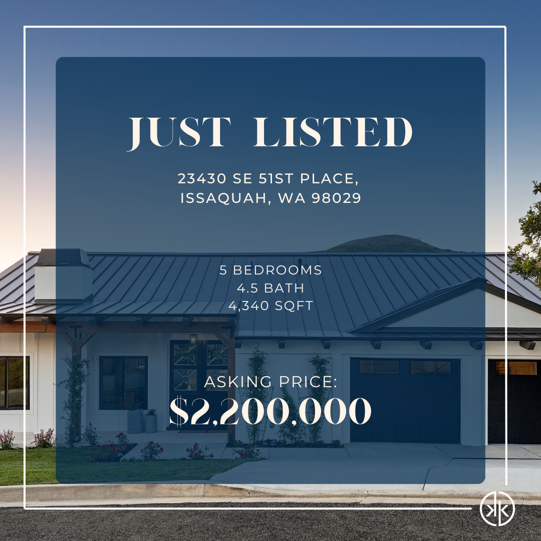 Real estate listing announcement for a newly listed house at 23430 SE 51st Place, Issaquah, Washington, featuring 5 bedrooms, 4.5 bathrooms, 4,340 square feet, with an asking price of $2,200,000.