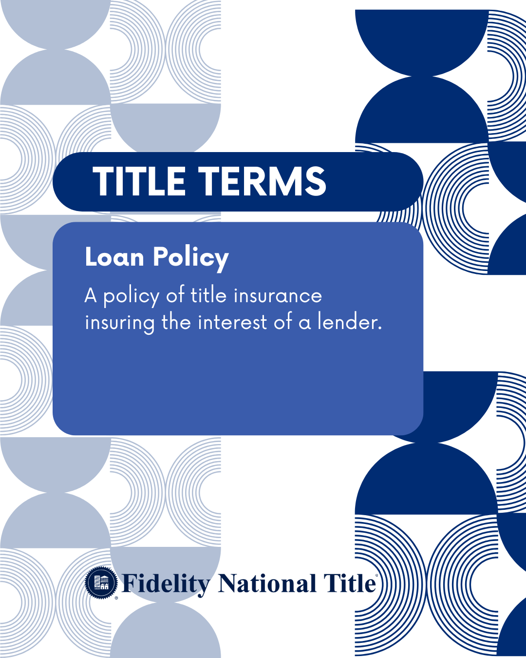 #TitleTerms
Loan Policy
A policy of title insurance insuring the interest of a lender.

View more definitions    https://zurl.co/Zz7Z
.
.
.
#TrustworthyTitle #Homeownership #SecureTransactions #TitleInsuranceProtection #SafeHomePurchase #PropertyOwne