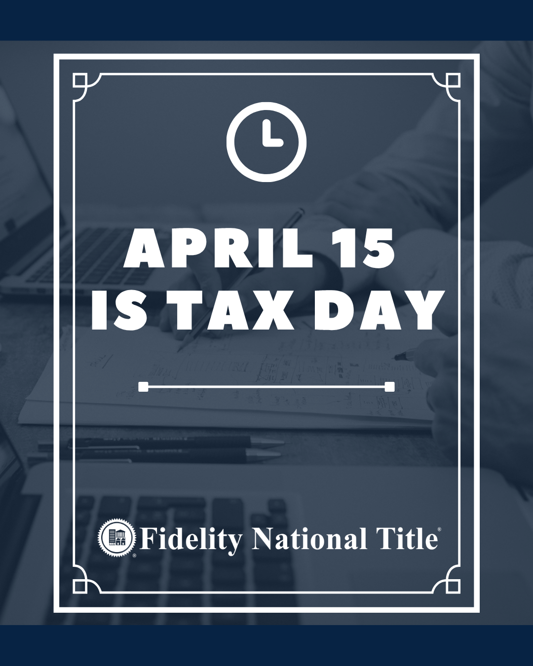 It’s Tax Day! 📊

A friendly reminder to get those filings submitted and crossed off your to-do list. Whether you’re wrapping up paperwork or celebrating being done for the year, we hope today goes smoothly.

From all of us at Fidelity National Title